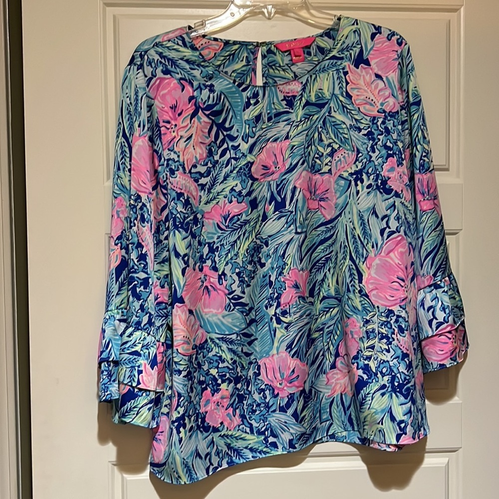 Lilly Pulitzer Christie Top Lapis Lazuli Sz Xl blue pink ruffle sleeve - Picture 2 of 6